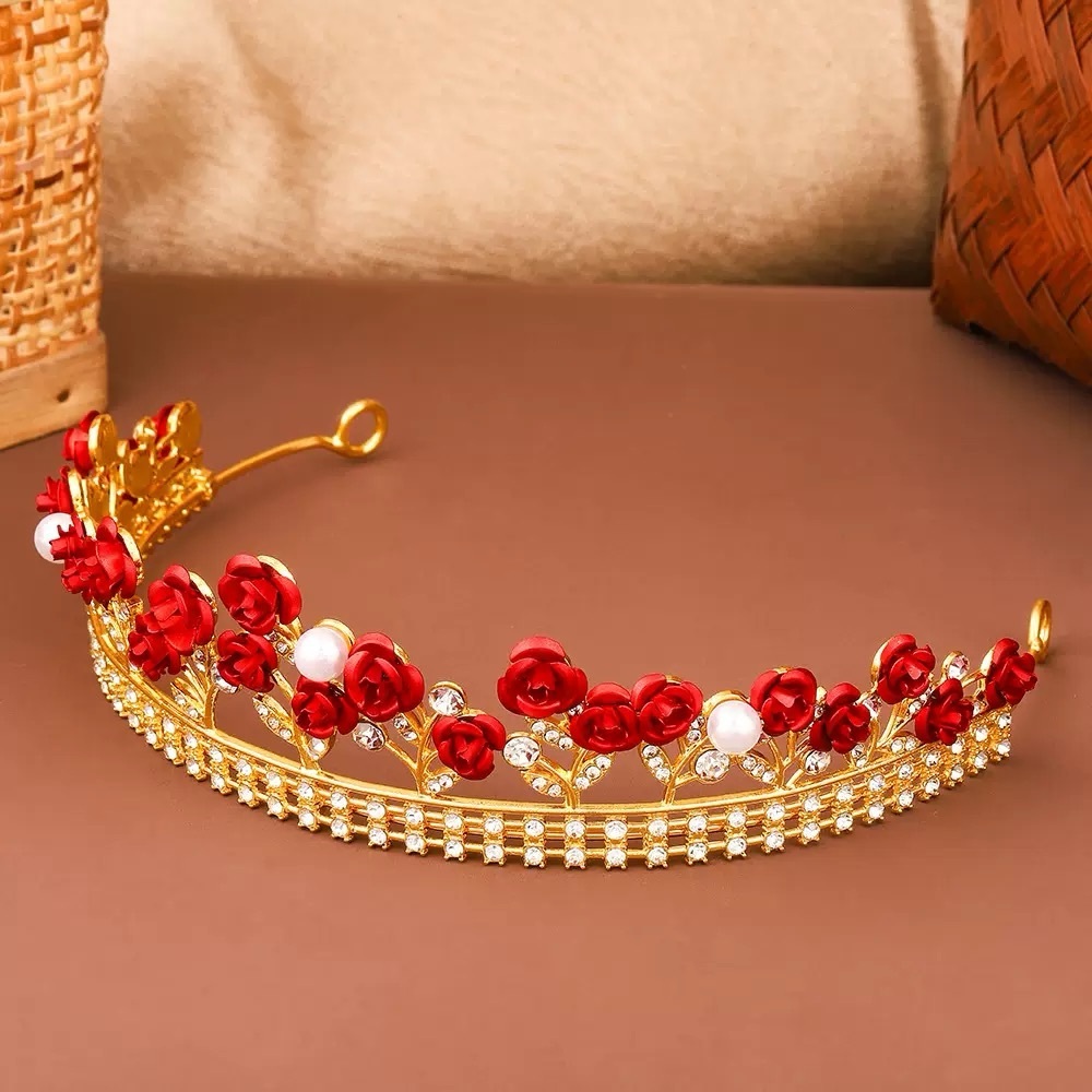 Gold Floral Red Rose Tiara Headband